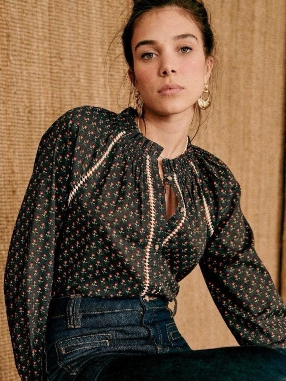 Sezane Black Floral Smocked-Trim Peasant Blouse